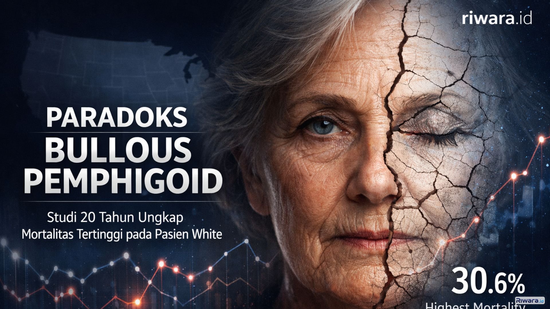 Ilustrasi konseptual bullous pemphigoid yang menampilkan wajah lansia dengan tekstur kulit retak sebagai metafora kerapuhan sistem imun dan kompleksitas data rasial. Studi 20 tahun